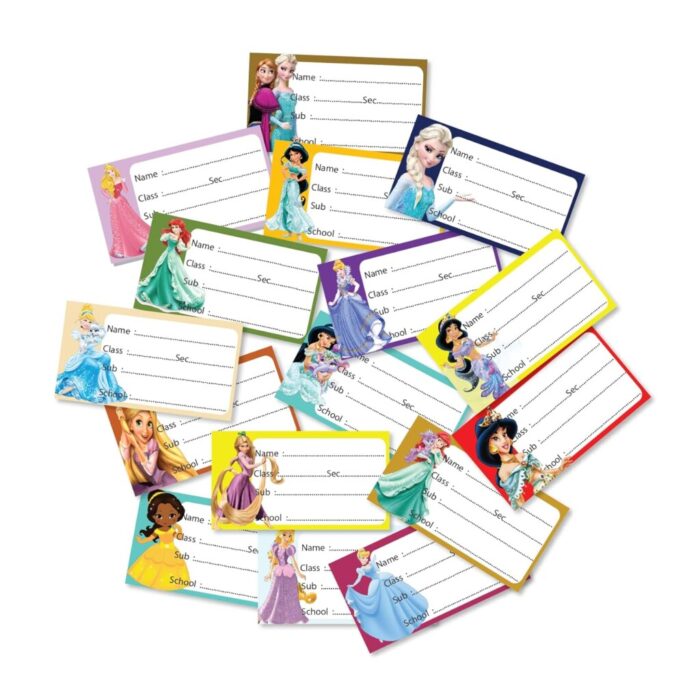 School Notebook Labels – 16 Self-Adhesive Stickers for Books & Stationery | Writable Name Labels for Kids, Students, School Use, Multicolour Designs - Image 1