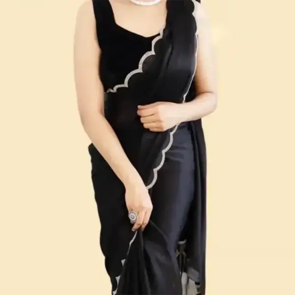 Dimond Stone Work Hot Fixing Georgette Saree Black