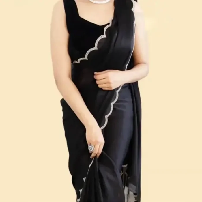 Dimond Stone Work Hot Fixing Georgette Saree Black