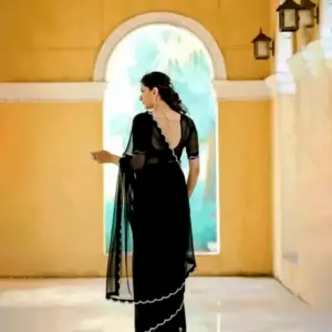 Dimond Stone Work Hot Fixing Georgette Saree Black