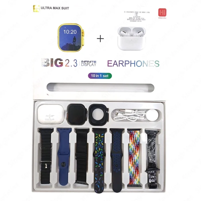 i20 Ultra MAX Suit (10-in-1 Gold Edition) Bluetooth Calling Smartwatch + AirPods Pro + 7 Straps + Screen Guard – Fitness Tracker, Wireless Earbuds & Classic Watch Set - Image 1
