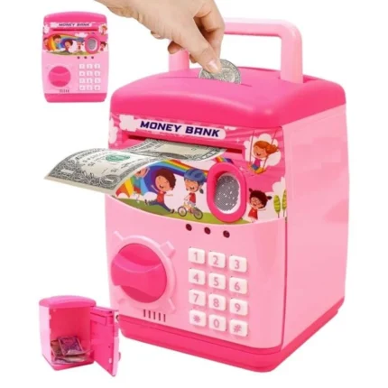 Electronic Piggy Bank ATM for Kids – Password Protected Mini Money Safe Box with Coin Slot, Note Insertion and Secret Lock Toy Building & Educational