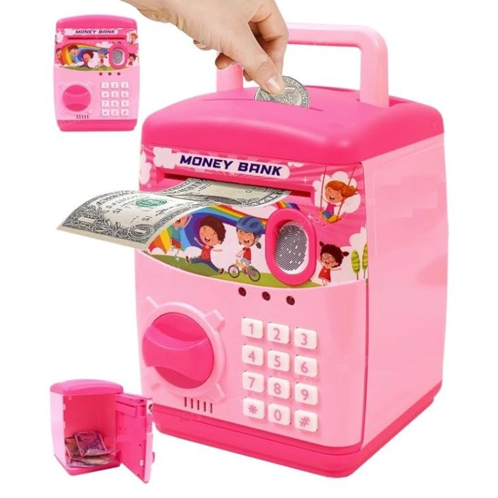Electronic Piggy Bank ATM for Kids – Password Protected Mini Money Safe Box with Coin Slot, Note Insertion and Secret Lock Toy Building & Educational