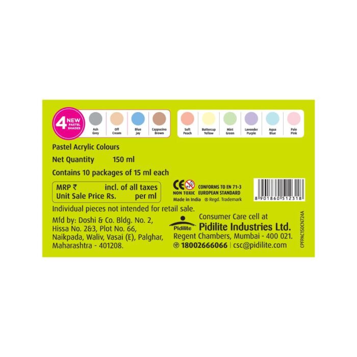 Pidilite Fevicryl Acrylic Colours Pastel Kit – 10 Shades x 15ml | Rich Pigment DIY Paint Set for Canvas, Wood, Leather, Metal & More | Multi-Surface, Non-Cracking, Multicolour Paints - Image 2