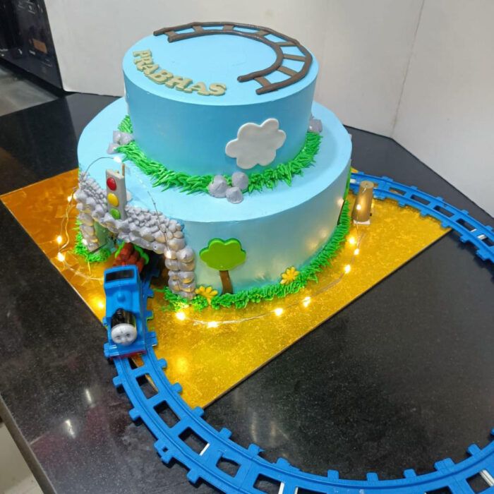 Delicious Fresh Cream Cake – Two-Tiered Happy Birthday Cake with Thomas & Friends - Image 1