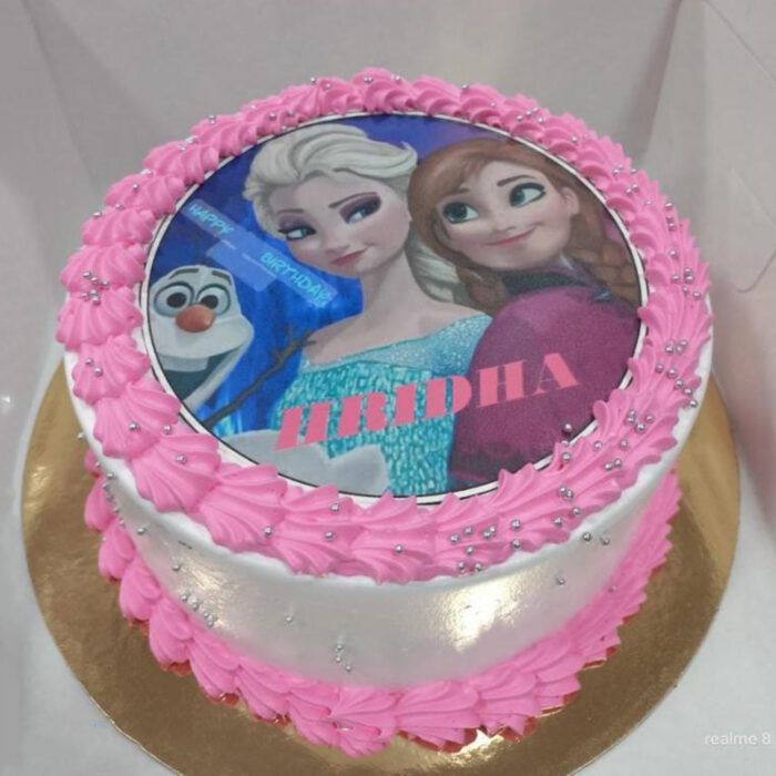 Delicious Fresh Cream Cake – Frozen Elsa and Anna Birthday Cake - Image 1