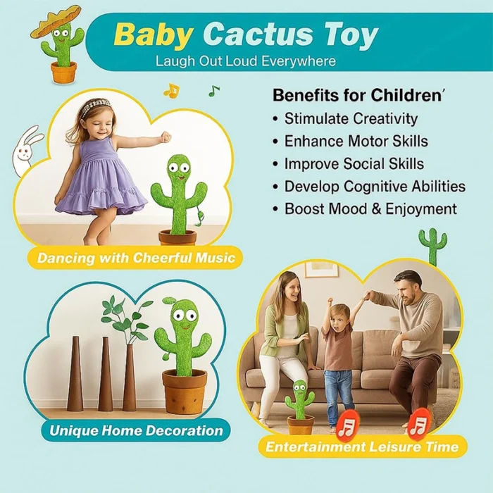 Dancing Cactus Talking Toy – Singing, Wriggling, Repeats What You Say – Interactive Educational Toy for Babies & Kids (Green) - Image 4