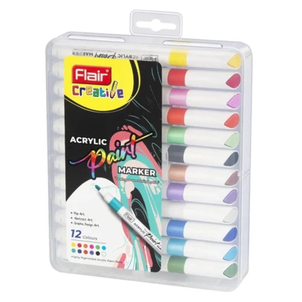 Flair Creative Acrylic Paint Marker Set – 12 Vibrant Shades for Art, DIY, Craft, Rock, Glass & Fabric Art and Craft