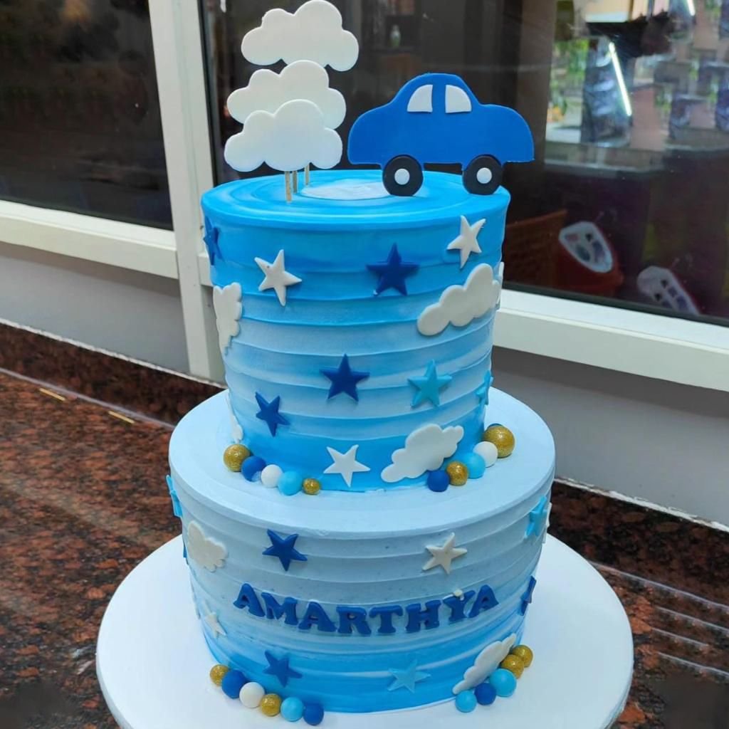 cake-57.jpg Fresh Cream Cake, Two-Tiered Stars Clouds Car - Image 1