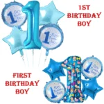 1st First Birthday Boy Foil Balloons Set, 5 Pcs