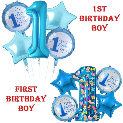 1st First Birthday Boy Foil Balloons Set, 5 Pcs