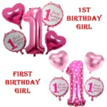 1st First Birthday Girl Foil Balloons Set, 5 Pcs