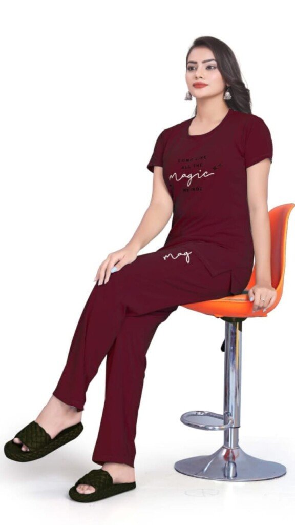 tanshil-track-suits-for-women-maroon-1-scaled-1.jpg Polyester T-Shirt Track Pants with Round Neck and Three-Quarter Sleeves - Image 1