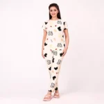 Cream Cotton Blend Lycra Nightwear Co-Ord Set for Women Clothes