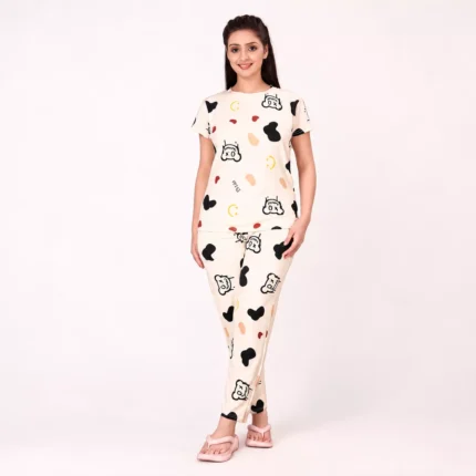 Cream Cotton Blend Lycra Nightwear Co-Ord Set for Women Clothes