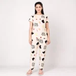 Cream Cotton Blend Lycra Nightwear Co-Ord Set for Women Clothes