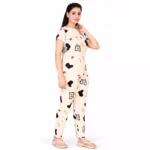 Cream Cotton Blend Lycra Nightwear Co-Ord Set for Women Clothes