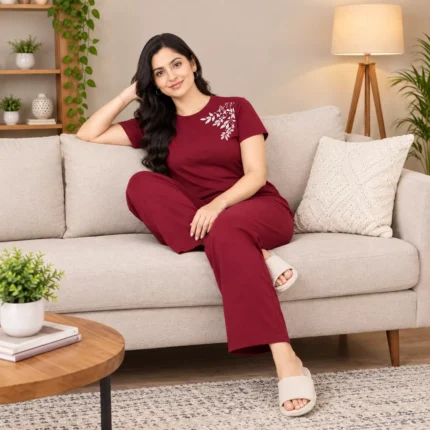 Polyester Lycra Nightwear Co-Ord Set for Women - Leaf Clothes