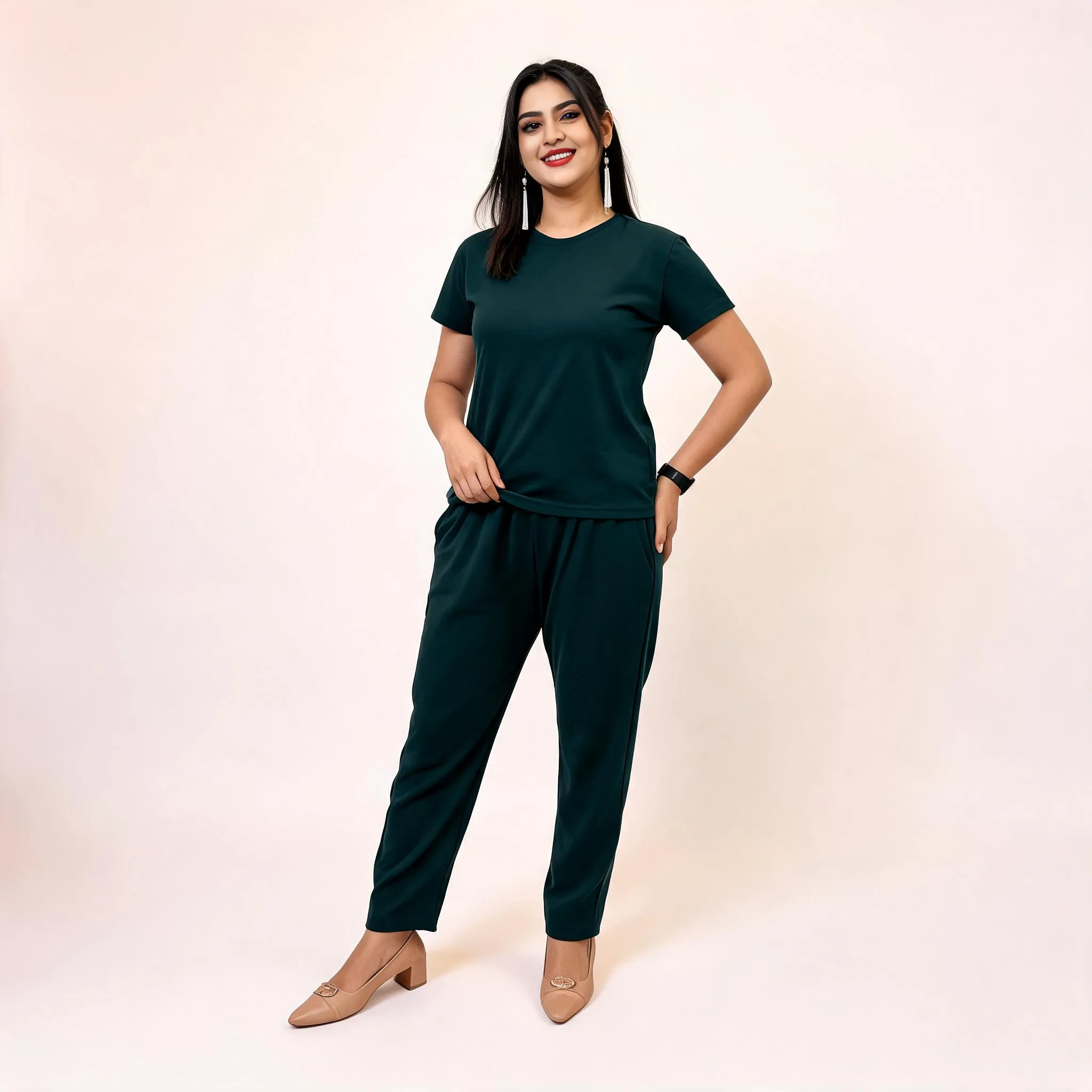 Polyester Lycra Nightwear Plain-1.1 Polyester Lycra Nightwear Co-Ord Set for Women - Plain